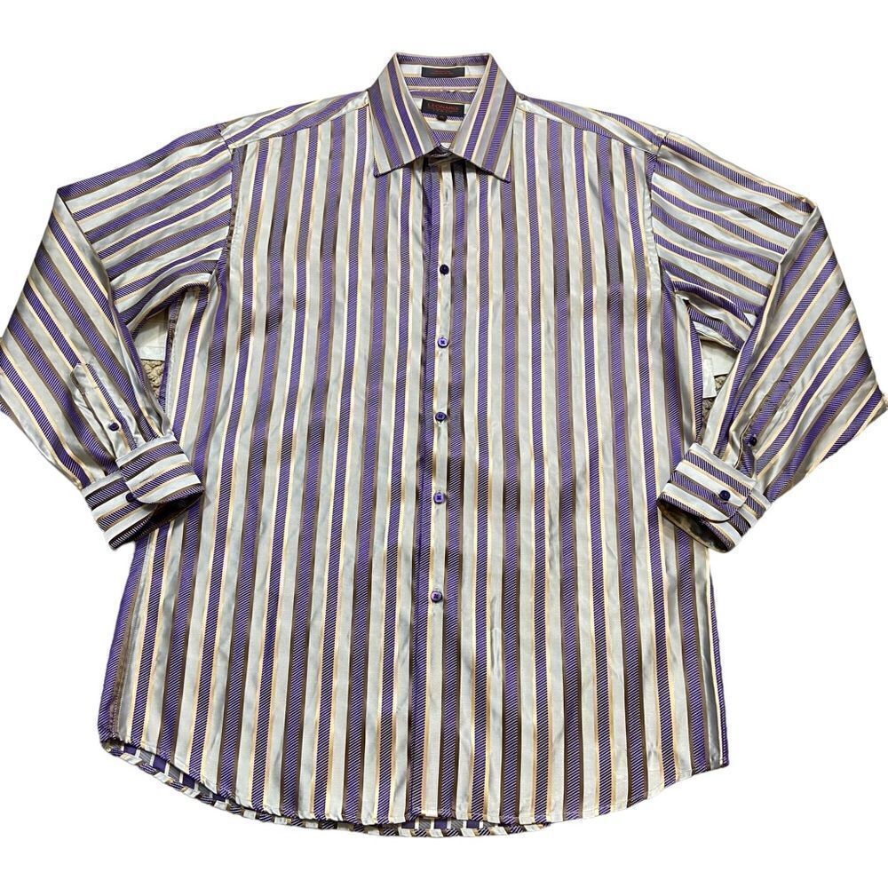 Men’s Leonardi Italy‎ Brand Purple and Gold Striped Button Down Shirt Size XL